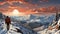 A tourist rock climber stands on the top of a snowy mountain. Rock climbing