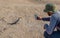 Tourist in safari hat taking picture of yellow billed hornbill on dirt road in Africa with smartphone