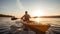 Tourist sails kayak along calm lake at gentle sunrise light discovering wild nature