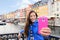 Tourist selfie - Asian woman at Copenhagen Nyhavn