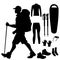 Tourist set. Logo hiking, sleeping bag, thermal underwear, glasses, trekking poles. Adventure travelers walking outdoors