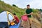 Tourist setting tent and chairs