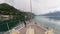 Tourist ship sails along the Lake Geneva to the Chillon Castle