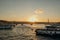 Tourist ship sails on the Golden Horn, scenic sunny beautiful waterfront  of Istanbul city at sunset in summer