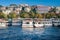 Tourist ships in Istanbul. Tourist ships at the city embankment in the Bosphorus in Istanbul. Istanbul. Turkey. 09.25.2021