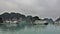 Tourist ships stand on the calm emerald waters of Halong Bay.