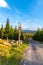 Tourist signpost in the middle of mountain landscape, Giant Mountains, Krkonose, Czech Republic