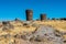 Tourist Silustani tombs in the peruvian Andes at Puno Peru