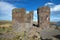 Tourist at the Silustani tombs in the peruvian Andes at Puno Peru