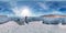Tourist with sleds walks along the blue ice of Lake Baikal. Spherical 360 degrees 180 panorama