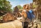 Tourist with smartphone in the ruins of Angkor, Cambodia