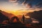 tourist stands near a tent against the backdrop of mountains at sunset. View from back, Generative AI