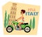 Tourist sticker. Girl in retro dress on a motorcycle on the background of the Leaning Tower of Pisa. Italy. Pisa