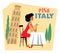 Tourist sticker Italy. Girl in red dress drinking coffee on the background of the Leaning Tower of Pisa