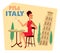 Tourist sticker Pisa Italy. A girl in a short red dress is drinking coffee on the background of the Leaning Tower of Pisa