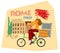 Tourist sticker Rome Italy. Girl artist rides a bicycle against the backdrop of the Collisee