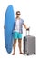 Tourist with a surfboard, a passport and a suitcase