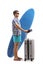 Tourist with a surfboard and a suitcase waiting in line