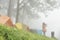 Tourist take photo near tent in mist & fog. camping in forest. p