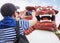 Tourist Take picture of Chinese Lion front of Wenwu temple Gate Landmark Puli Taiwan