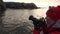 Tourist takes pictures photographs in boat sail cost of Arctic Ocean Svalbard.