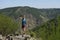 Tourist taking a selfie at a natural viewpoint of the Ribera Sacra