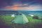 Tourist tent on green meadow at sunset. Camping background.