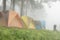 tourist tent in mist & fog. camping in forest. travel, vacation