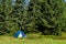 Tourist tent mountains near the forest. Tourist tent stands in a clearing in the mountains under green spruces