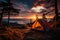 Tourist tent in the mountains under dramatic evening sky. Colorfull sunset in mountains. Camping travell concept. Traveler people