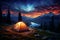 A tourist tent stands in the mountains under the night sky