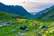 Tourist tents near the pass of Transfagarasan road, is one of most beautiful roads in world. Carpathians. Romania