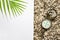 Tourist theme, sandy beach, compass, branch of a fern, white background for the inscription