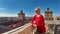 Tourist on top of Ferrara Castle in Italy