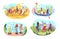 Tourist tour vector illustration set, cartoon flat active people riding camels, touring in Venetian gondola, enjoying