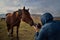 Tourist tourist in a blue sweatshirt with a camera photographs a curious horse. travel concept, photographer at work