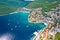 Tourist town of Rabac coastline aerial view