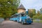 Tourist train against the background of the Pil Tower. Pavlovsk