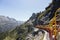 Tourist train full of people running through a mountain gorge in the Pyrenees, Artouste France