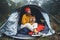 Tourist traveler in camp tent hugging red shiba inu on background foggy rain forest, person with puppy dog in mist nature trip, fr