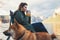 Tourist traveler drink tea girl relax together dog on background mountain landscape, think woman pet rest on lake shore nature