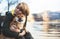 Tourist traveler girl together dog on background mountain lake, happy woman hug puppy pet nature, friendship love concept