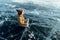 Tourist traveler meditates sitting in Lotus position on the ice of lake Baikal