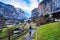 Tourist visiting village of Lauterbrunnen in the Bernese Oberland, Switzerland