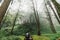 Tourist walking in Japanese Cedar and Cypress trees in the forest in Alishan National Forest Recreation Area in Chiayi County.