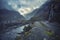 Tourist walking on trail to franz josef glacier in foggy weather