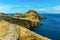 Tourist walking on a trekking path at Ponta de Sao Lourenco, Madeira