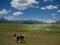 A tourist walks along a trail in the Mongolian steppe.