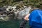 Tourist watching seal colony in Milford Sound