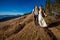 Tourist wedding couple climbs on the top of mountain. Honeymoon